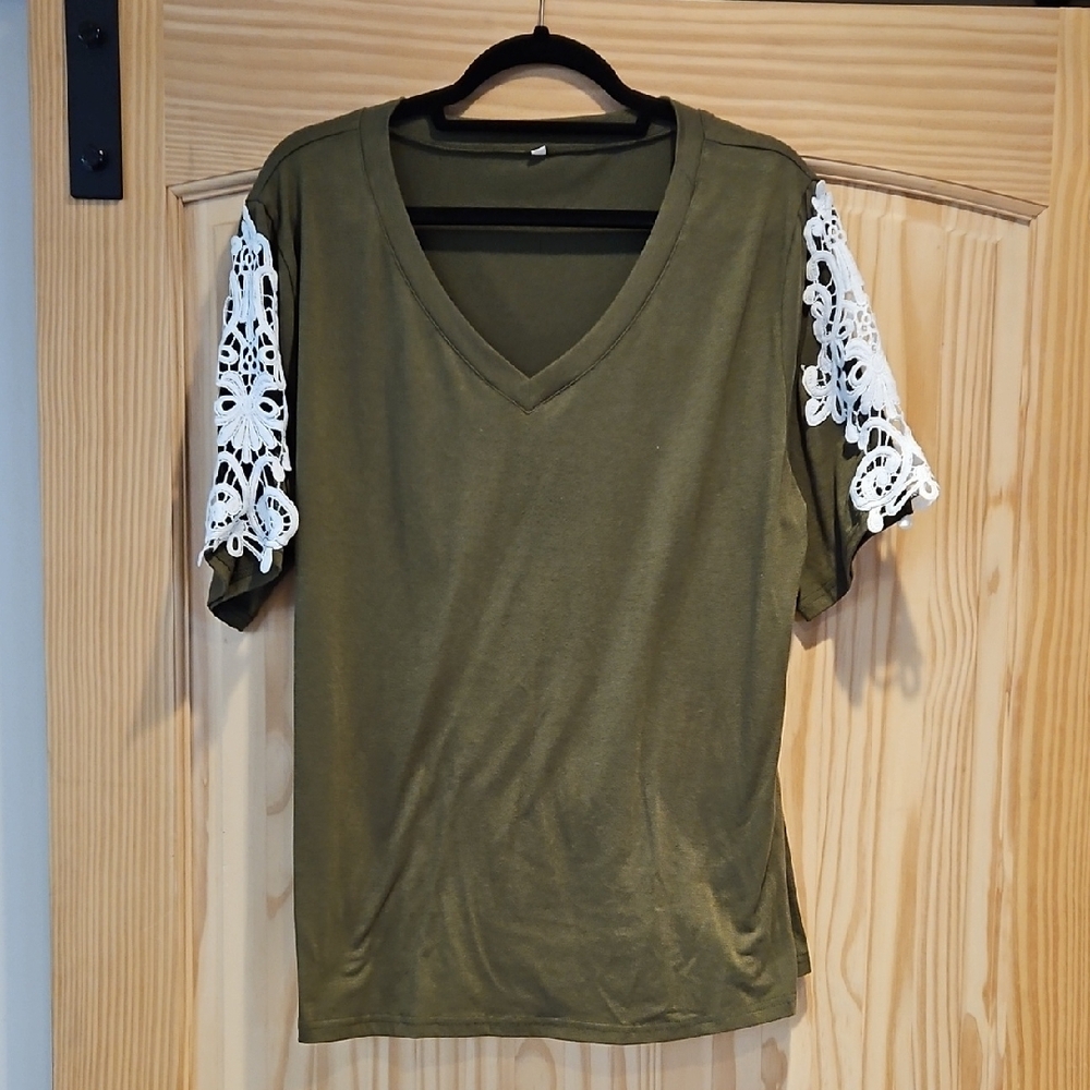 Olive Green V-Neck Top with Lace Sleeves